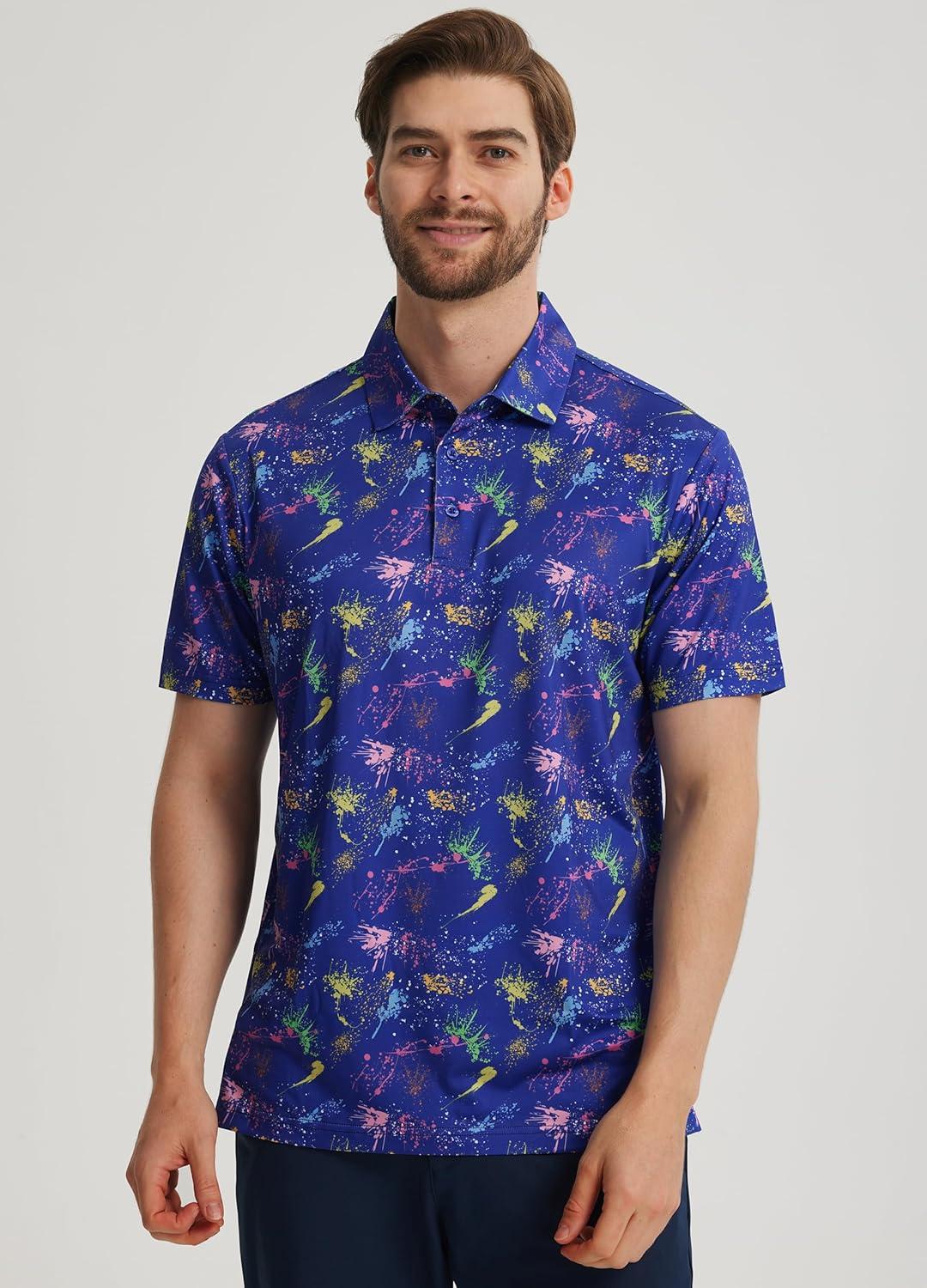 imageLibin Golf Polo Shirts for Men Short Sleeve Quick Dry Performance Moisture Wicking Print Collared Golf Shirts Casual BusinessNavy Colorful Firework