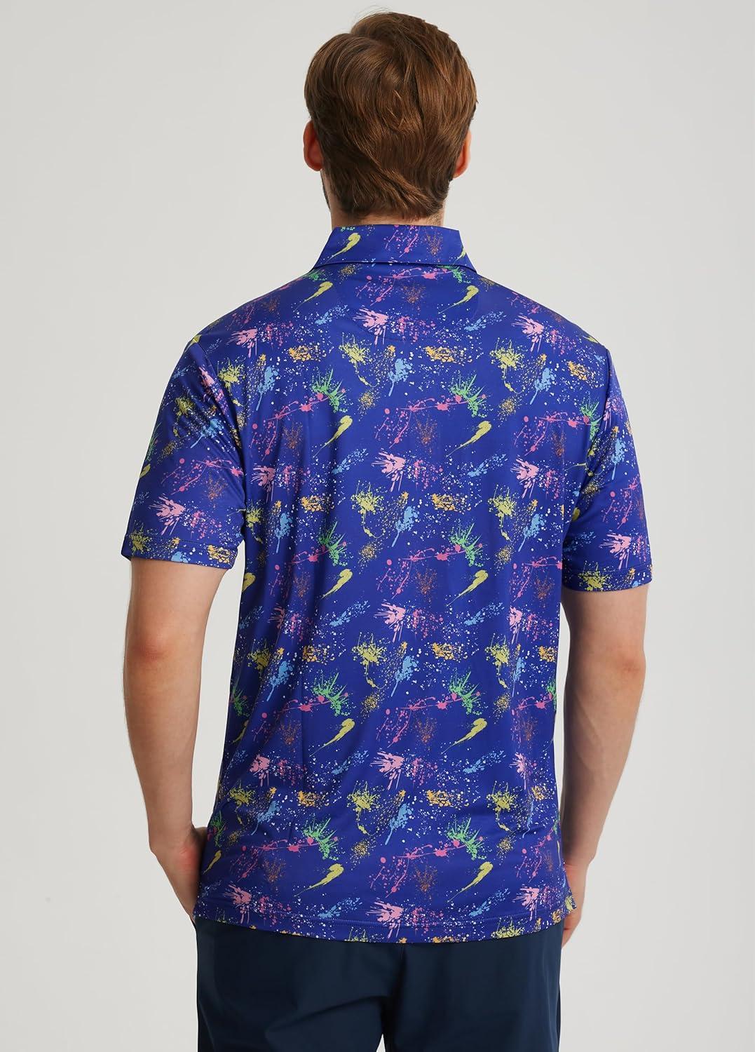 imageLibin Golf Polo Shirts for Men Short Sleeve Quick Dry Performance Moisture Wicking Print Collared Golf Shirts Casual BusinessNavy Colorful Firework