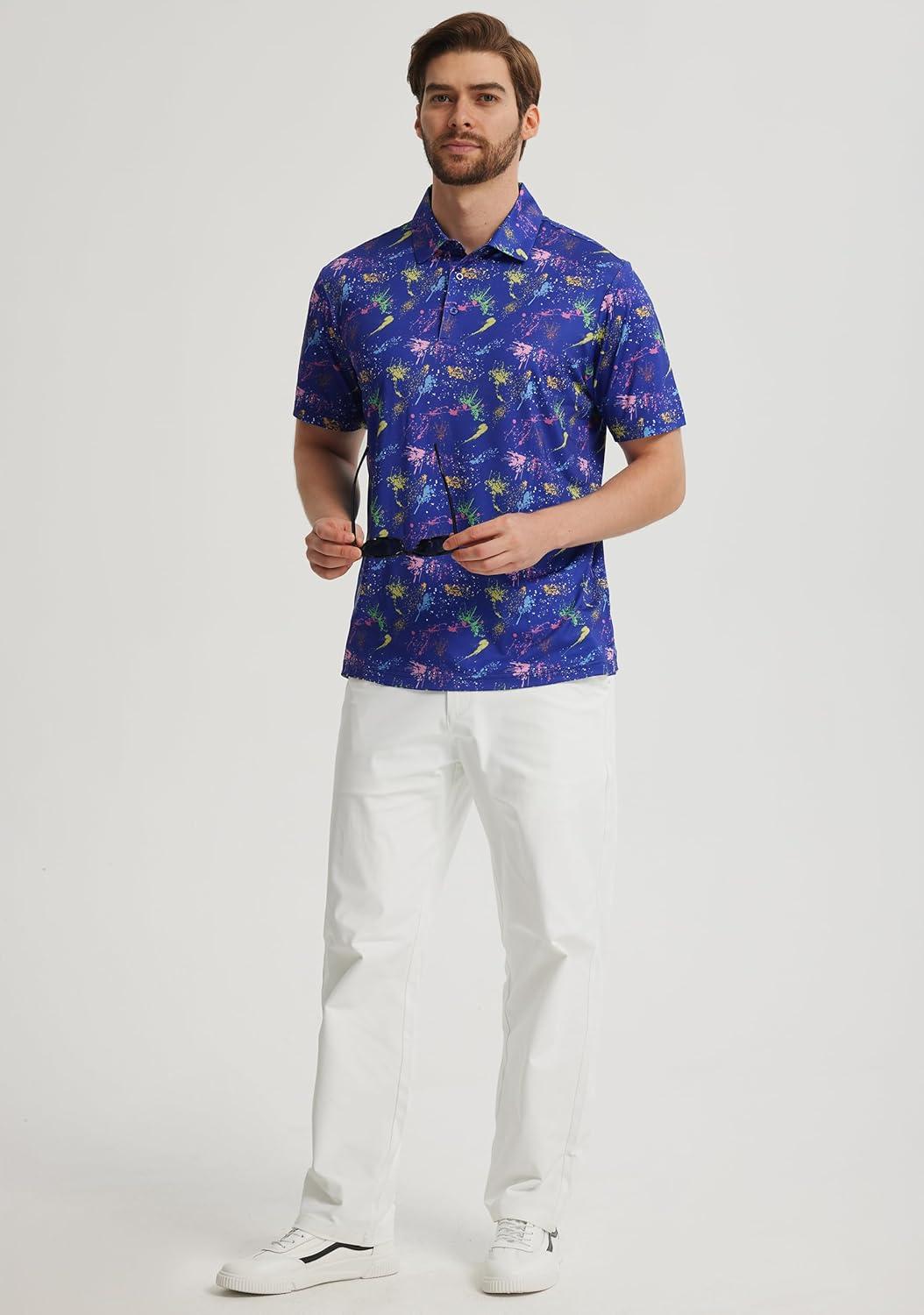 imageLibin Golf Polo Shirts for Men Short Sleeve Quick Dry Performance Moisture Wicking Print Collared Golf Shirts Casual BusinessNavy Colorful Firework