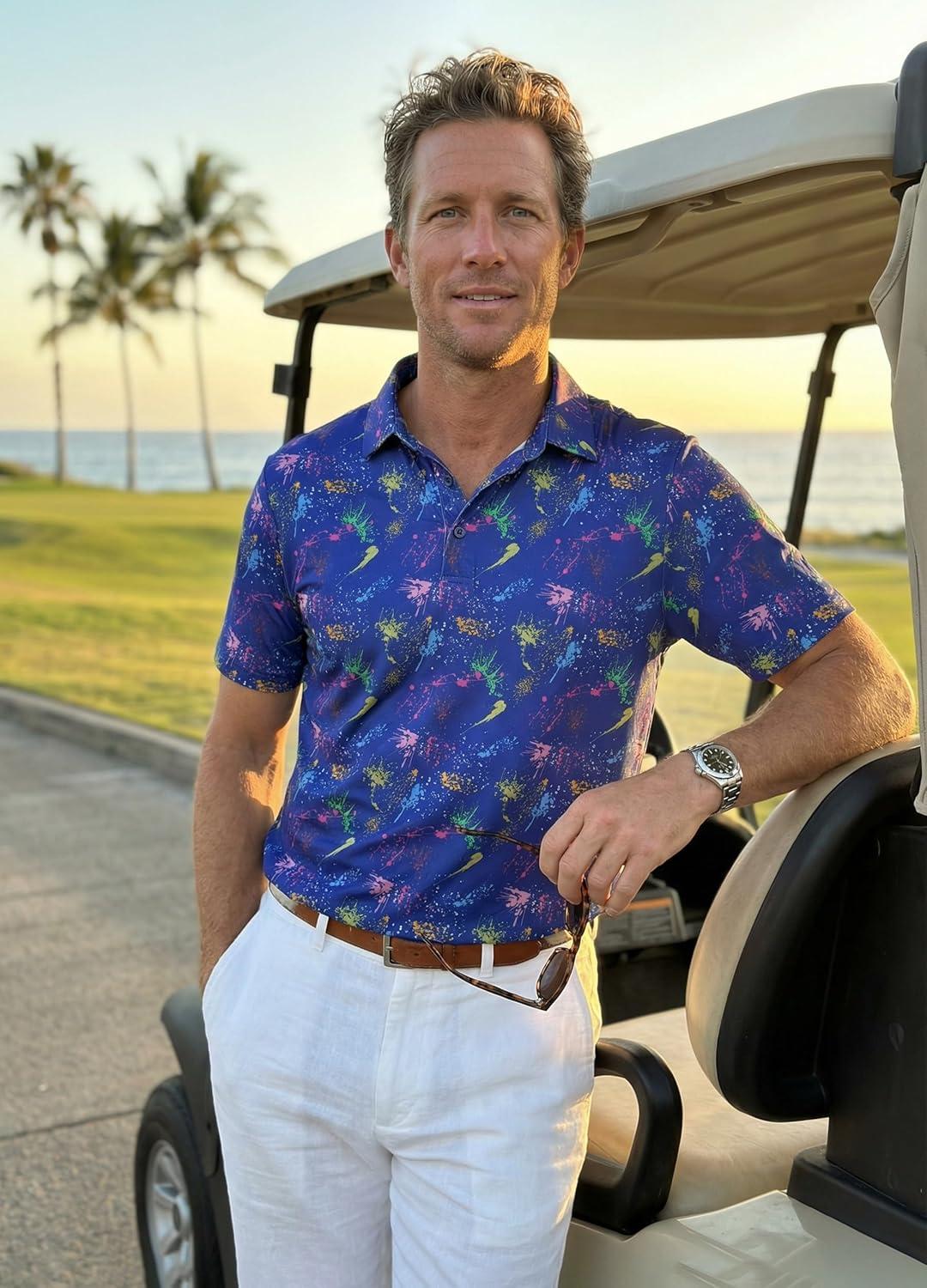 imageLibin Golf Polo Shirts for Men Short Sleeve Quick Dry Performance Moisture Wicking Print Collared Golf Shirts Casual BusinessNavy Colorful Firework