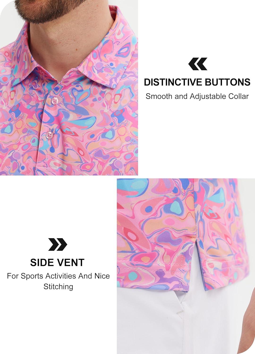 imageLibin Golf Polo Shirts for Men Short Sleeve Quick Dry Performance Moisture Wicking Print Collared Golf Shirts Casual BusinessPink Colored Painting