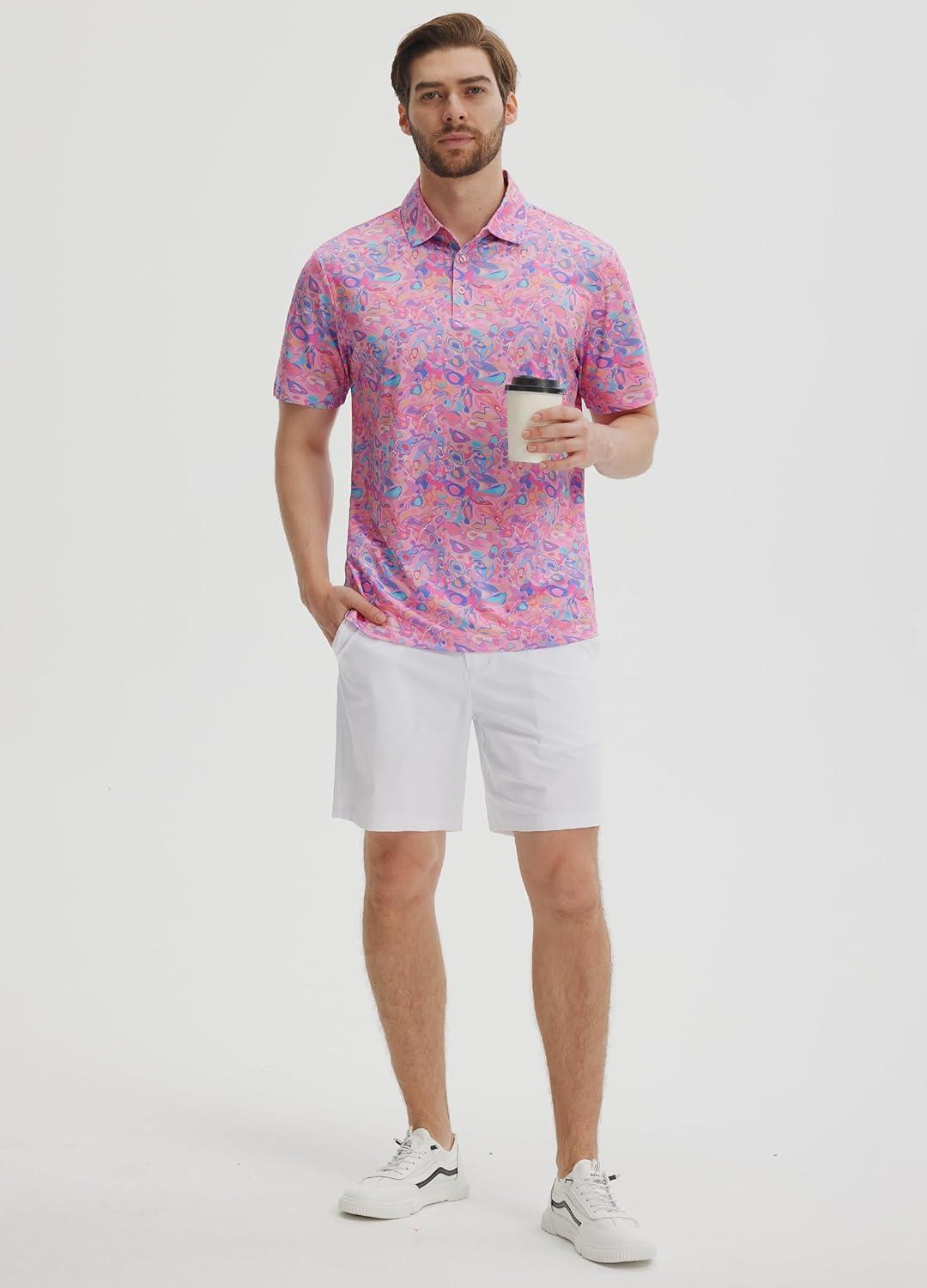 imageLibin Golf Polo Shirts for Men Short Sleeve Quick Dry Performance Moisture Wicking Print Collared Golf Shirts Casual BusinessPink Colored Painting