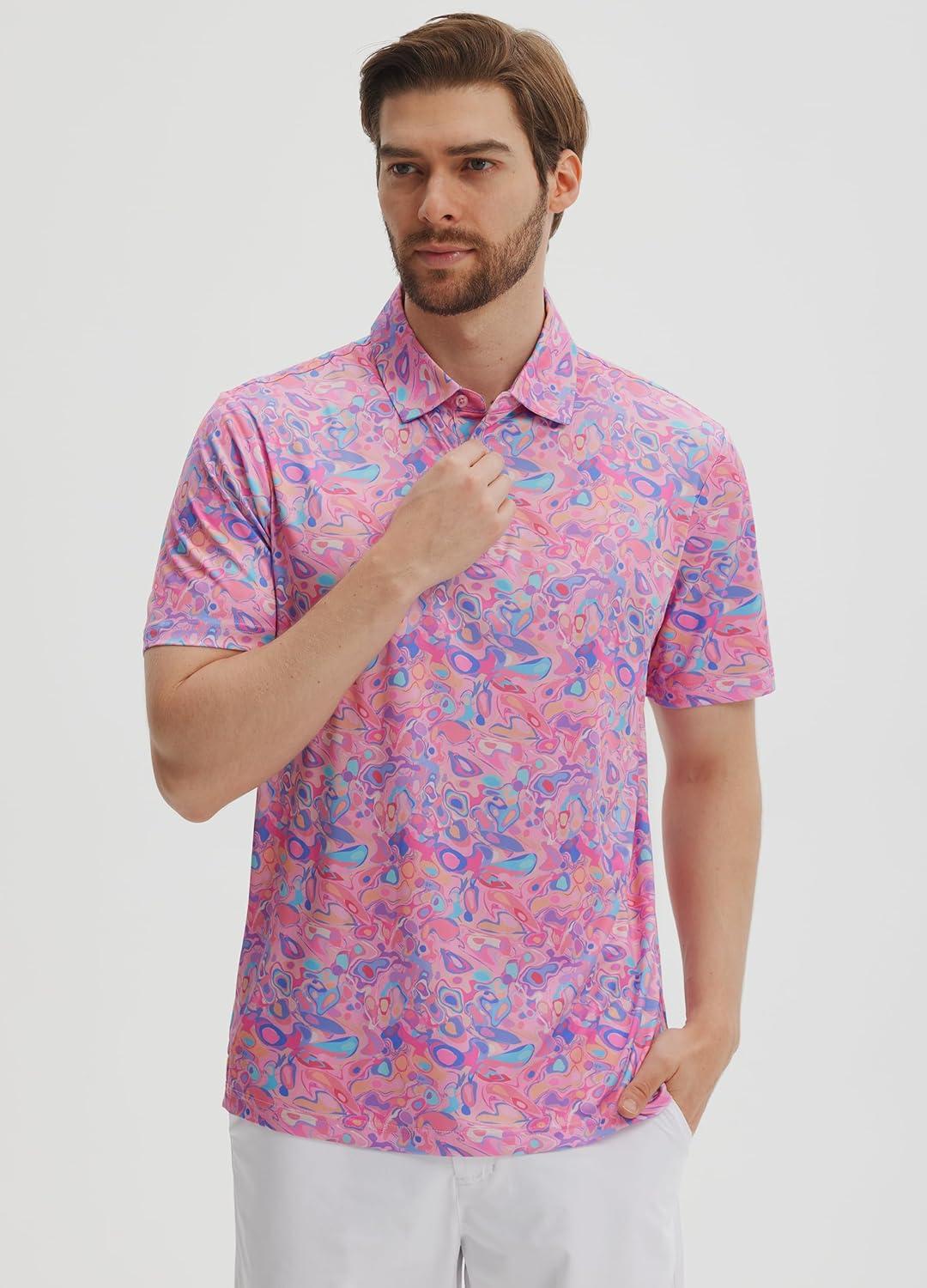 imageLibin Golf Polo Shirts for Men Short Sleeve Quick Dry Performance Moisture Wicking Print Collared Golf Shirts Casual BusinessPink Colored Painting