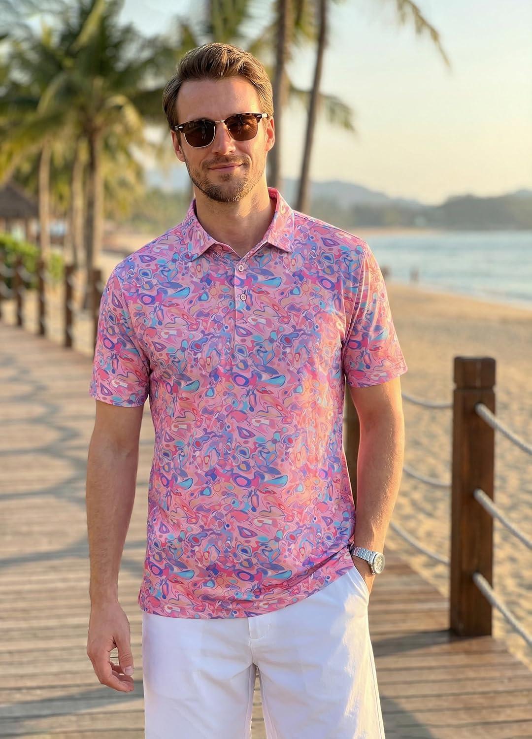 imageLibin Golf Polo Shirts for Men Short Sleeve Quick Dry Performance Moisture Wicking Print Collared Golf Shirts Casual BusinessPink Colored Painting