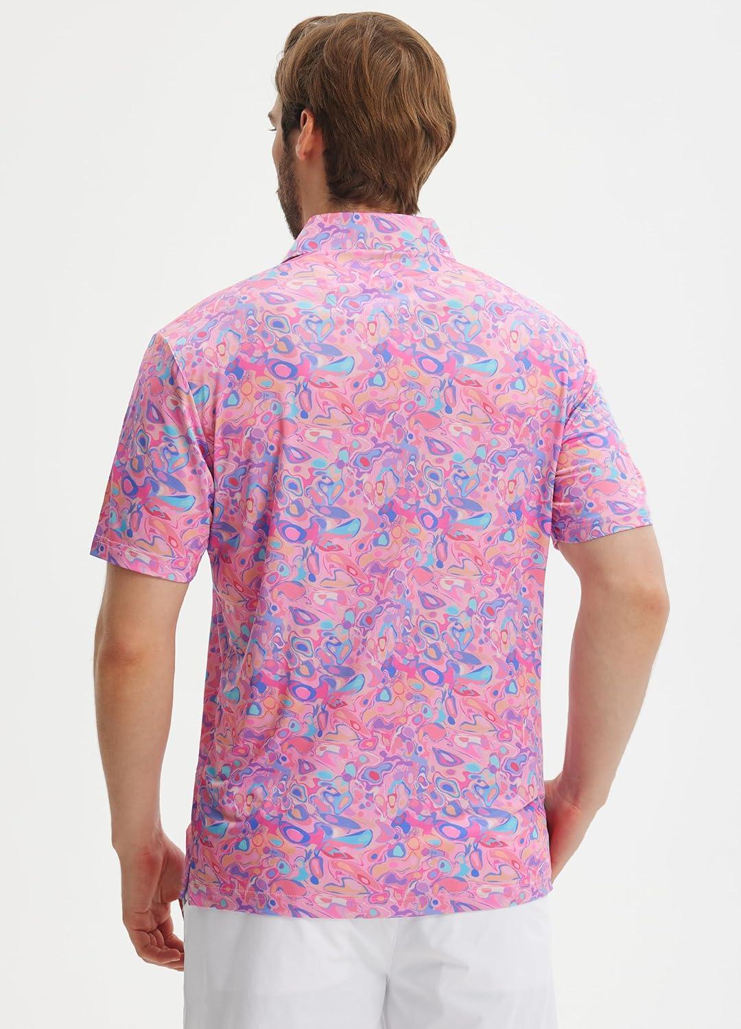 imageLibin Golf Polo Shirts for Men Short Sleeve Quick Dry Performance Moisture Wicking Print Collared Golf Shirts Casual BusinessPink Colored Painting