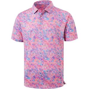 imageLibin Golf Polo Shirts for Men Short Sleeve Quick Dry Performance Moisture Wicking Print Collared Golf Shirts Casual BusinessPink Colored Painting