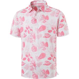 imageLibin Golf Polo Shirts for Men Short Sleeve Quick Dry Performance Moisture Wicking Print Collared Golf Shirts Casual BusinessWhite Pink Leaf
