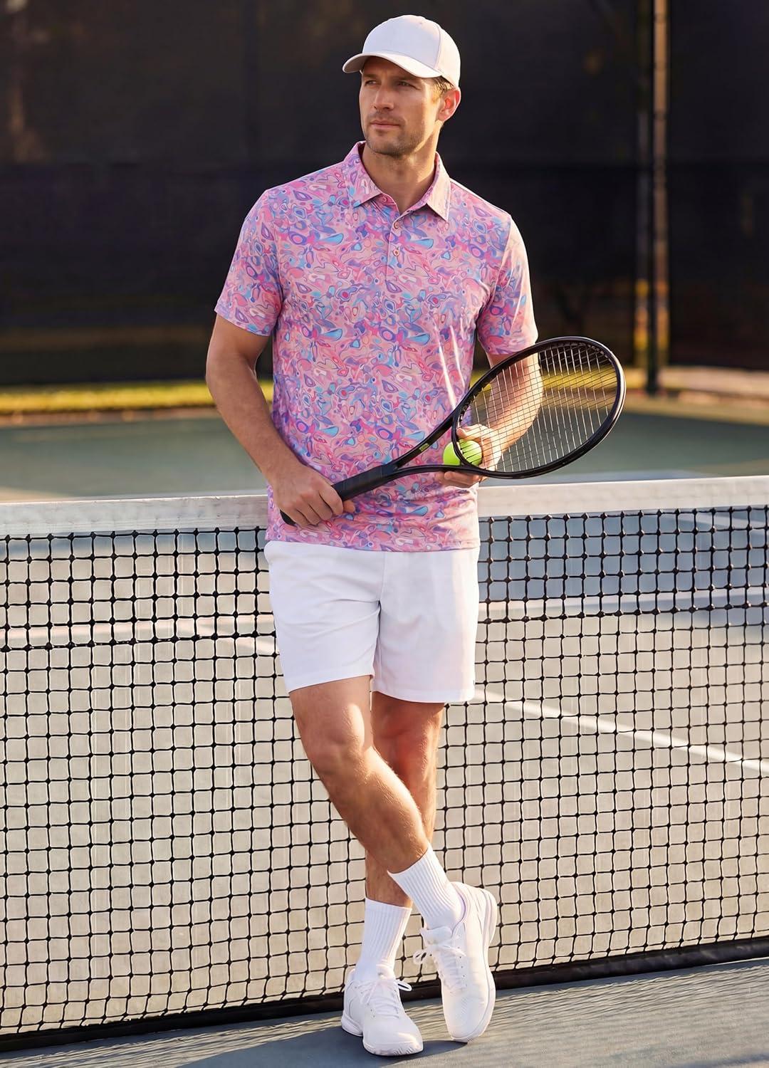 imageLibin Golf Polo Shirts for Men Short Sleeve Quick Dry Performance Moisture Wicking Print Collared Golf Shirts Casual Business04pink Colored Painting