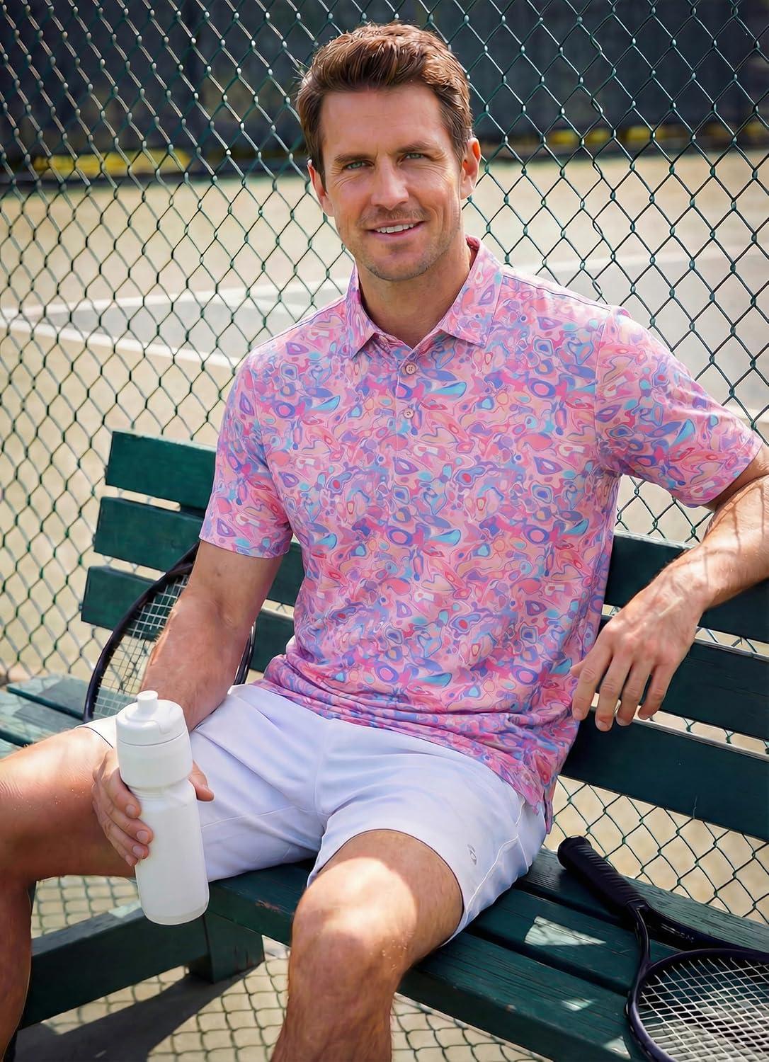 imageLibin Golf Polo Shirts for Men Short Sleeve Quick Dry Performance Moisture Wicking Print Collared Golf Shirts Casual Business04pink Colored Painting