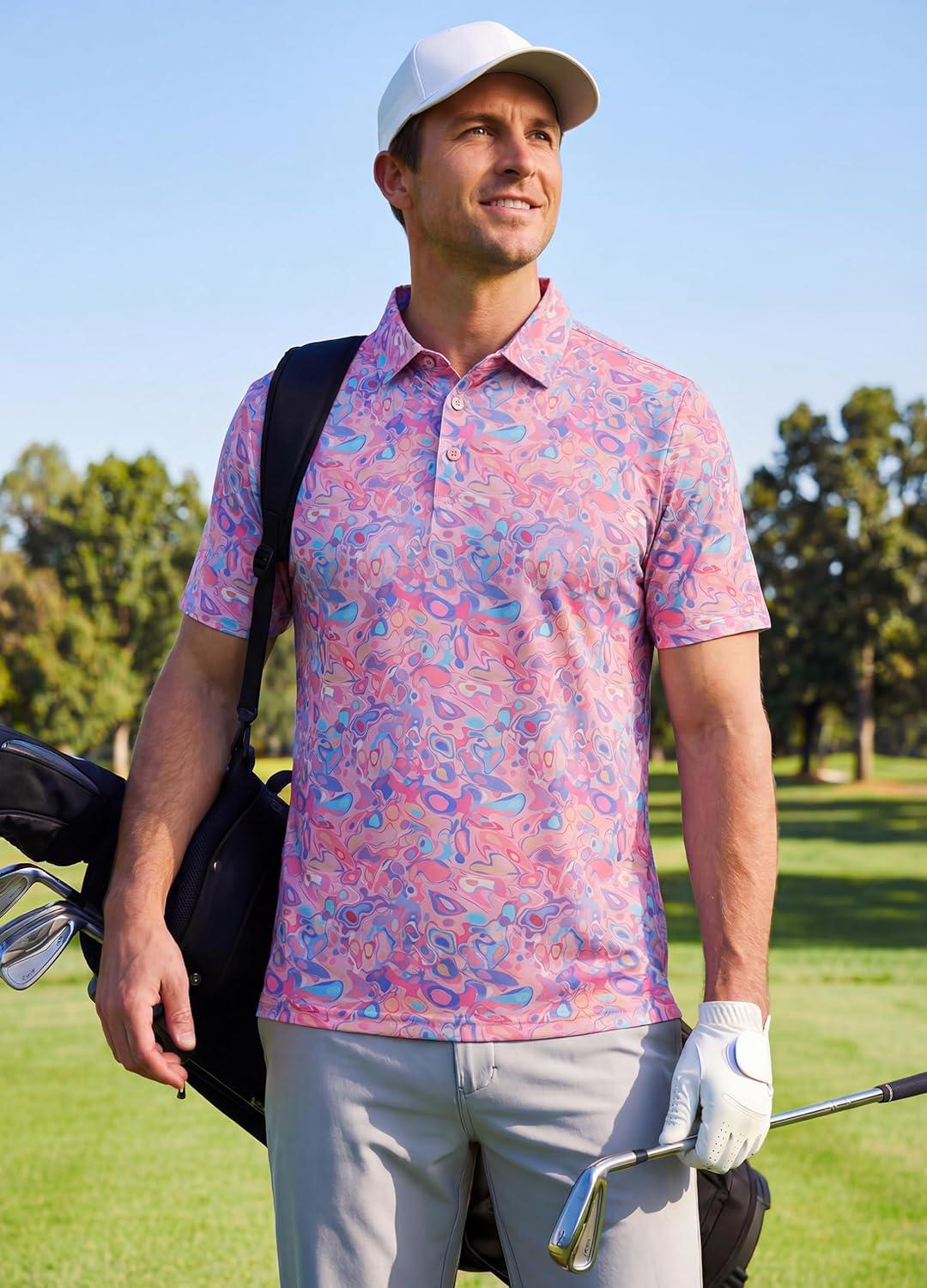 imageLibin Golf Polo Shirts for Men Short Sleeve Quick Dry Performance Moisture Wicking Print Collared Golf Shirts Casual Business04pink Colored Painting