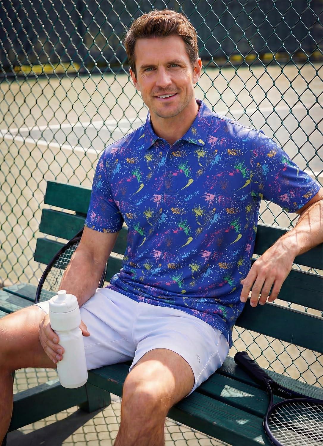 imageLibin Golf Polo Shirts for Men Short Sleeve Quick Dry Performance Moisture Wicking Print Collared Golf Shirts Casual Business05navy Colorful Firework