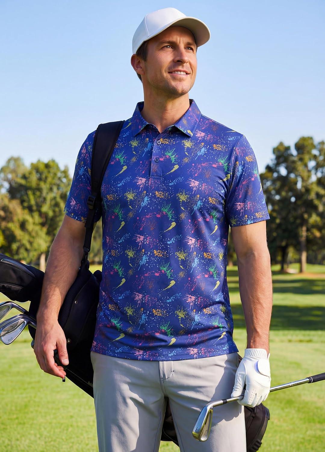 imageLibin Golf Polo Shirts for Men Short Sleeve Quick Dry Performance Moisture Wicking Print Collared Golf Shirts Casual Business05navy Colorful Firework