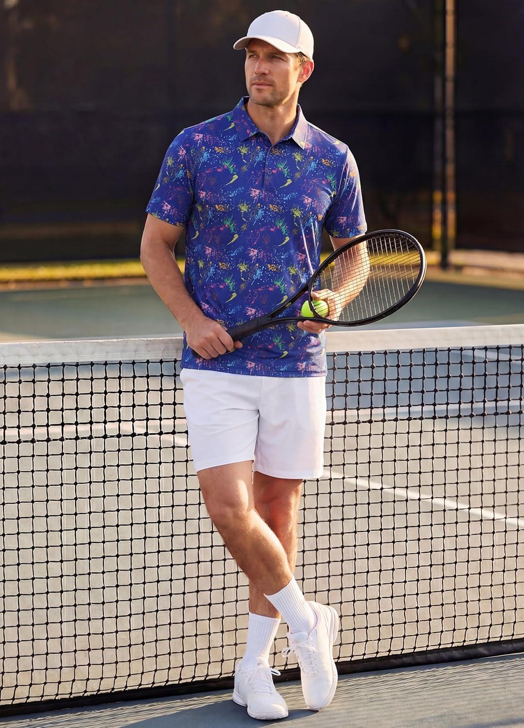 imageLibin Golf Polo Shirts for Men Short Sleeve Quick Dry Performance Moisture Wicking Print Collared Golf Shirts Casual Business05navy Colorful Firework