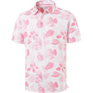 imageLibin Golf Polo Shirts for Men Short Sleeve Quick Dry Performance Moisture Wicking Print Collared Golf Shirts Casual Business10white Pink Leaf