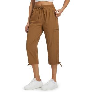 imageLibin Womens Hiking Capri Pants Quick Dry Cargo Pockets Pants Lightweight Cropped Summer Pant for Travel CasualBrown