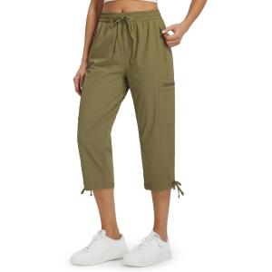 imageLibin Womens Hiking Capri Pants Quick Dry Cargo Pockets Pants Lightweight Cropped Summer Pant for Travel CasualGrass Green