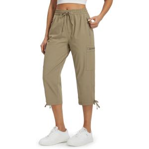 imageLibin Womens Hiking Capri Pants Quick Dry Cargo Pockets Pants Lightweight Cropped Summer Pant for Travel CasualKhaki
